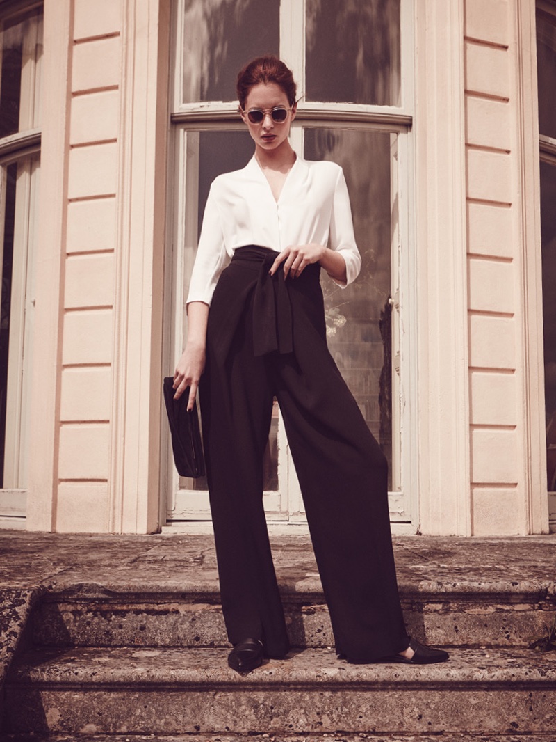 Reiss Keats Wrap-Front Top, Eve Wide-Leg Trousers, Edie Point-Toe Flats and Beau Suede Clutch