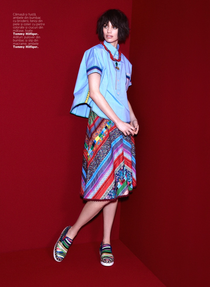 Rianne models Tommy Hilfiger top, skirt and slip-on shoes