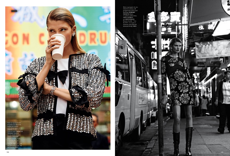 {Left) Djura takes a sip of coffee while wearing a beaded Chanel jacket (Right) Djura poses in a Burberry Prorsum dress with silk georgette and crystal details and Saint Laurent python boots