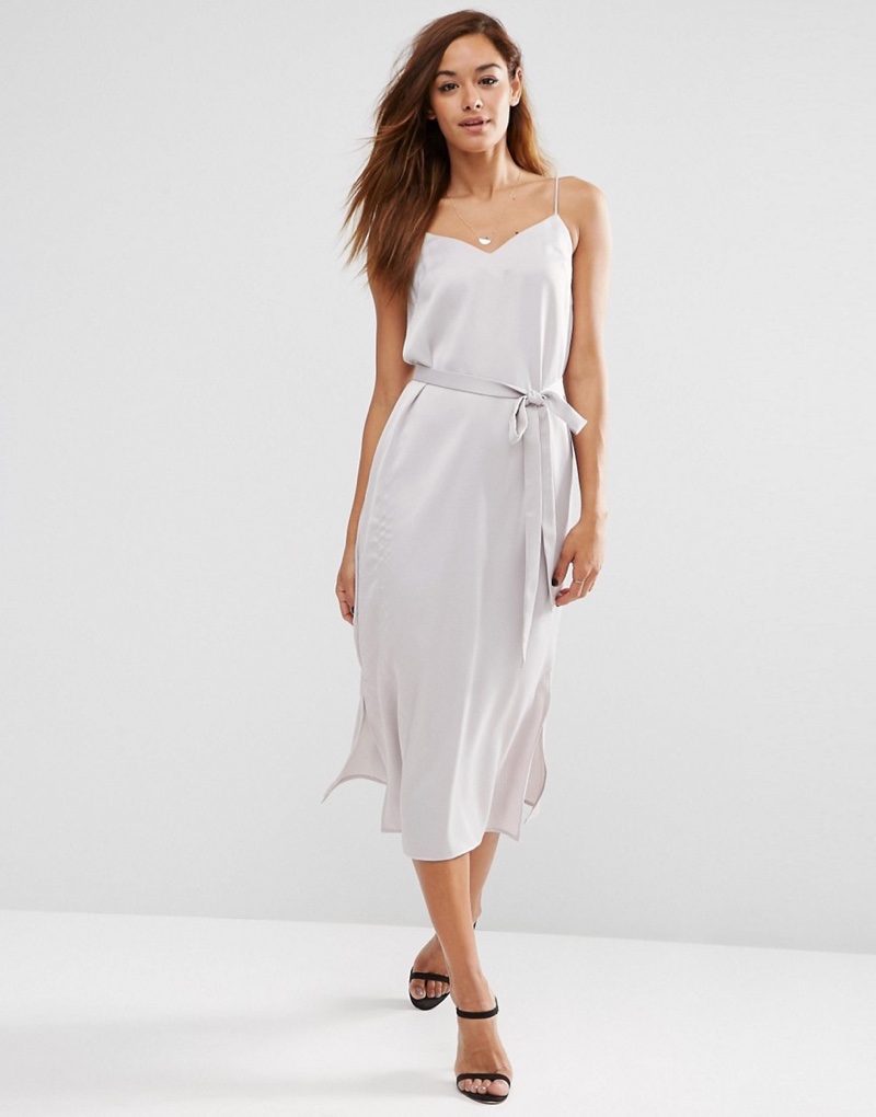 ASOS Midi Slip Dress in Satin with Tied Waist