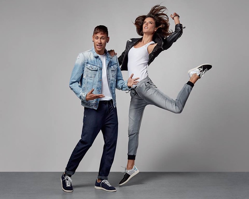 Alessandra Ambrosio poses with Neymar Jr. in Replay Jeans Hyperflex 2016 campaign