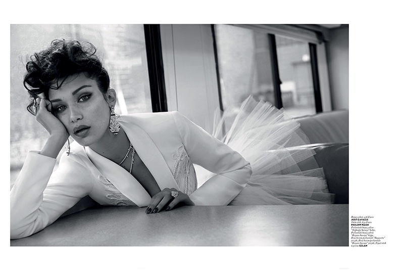 Captured in black and white, Bella Hadid models Just Cavalli jacket with Philipp Plein tulle ballerina skirt