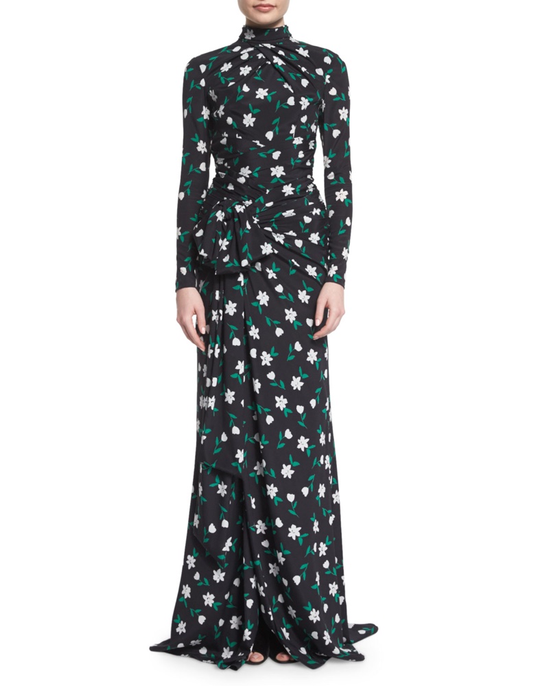 Carolina Herrera Long Sleeve Floral Print Mock Neck Gown