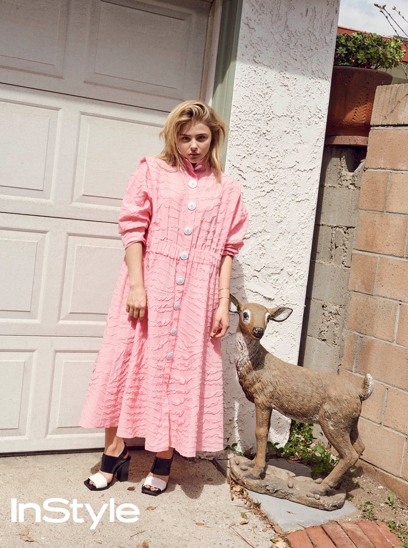 Chloe Grace Moretz wears an oversized pink dress