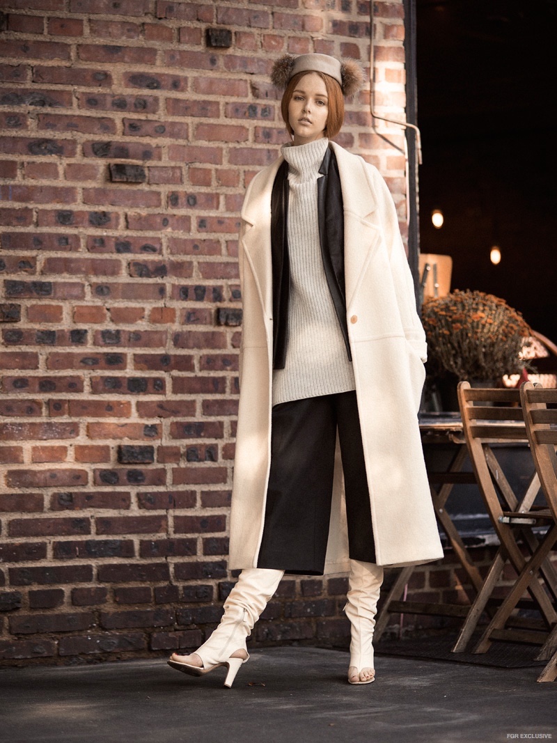 Apiece Apart Coat, Theory Tunic, Blazer and Trouser; Chanel Boots, Alessandra Rivera Hat