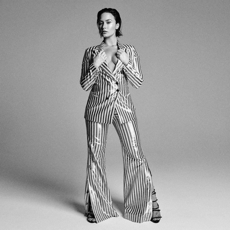 Demi Lovato suits up in Sveta striped pantsuit with Giuseppe Zanotti sandals