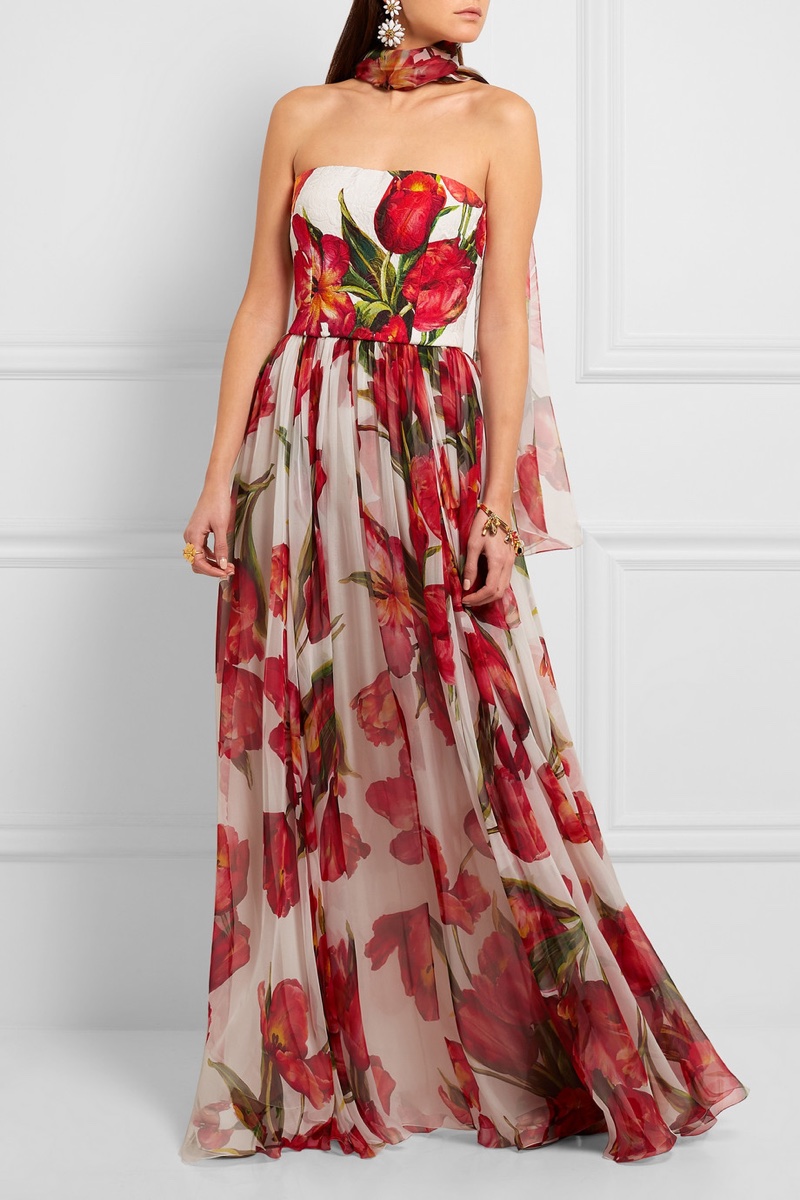 Dolce & Gabbana Floral Print Silk Blend Matelasse & Chiffon Gown
