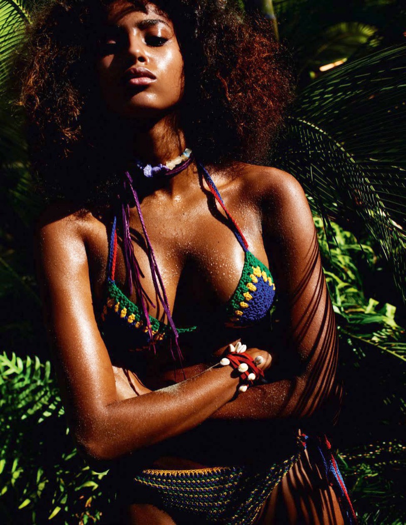 Imaan Hammam flaunts her figure in a Tommy Hilfiger crochet bikini top and bottoms