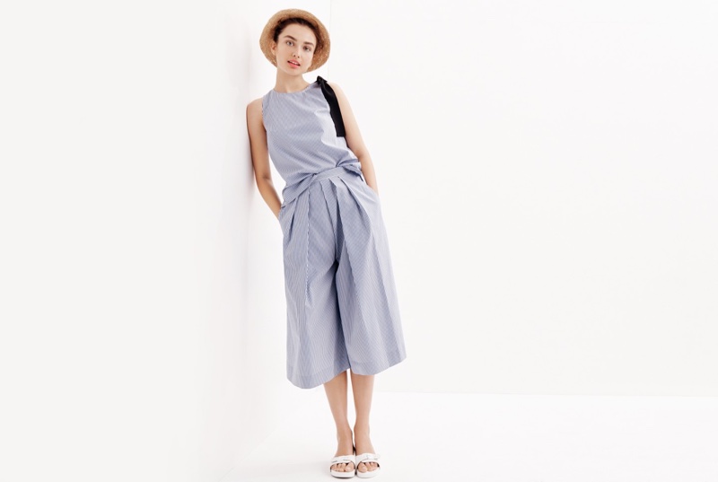 J. Crew Bow-Shoulder Top in Stripe, Culotte Pant, Packable Straw Hat and Dr. Scholl’s for J. Crew Sandals in Tonal Lacquer