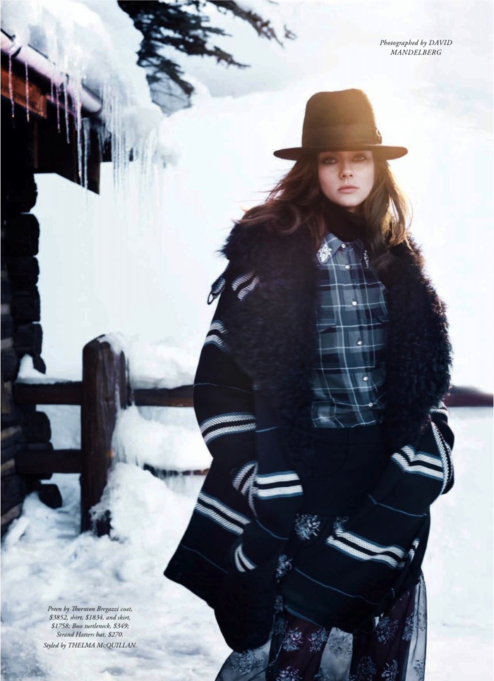 The model poses in winter fashion outfits for the editorial