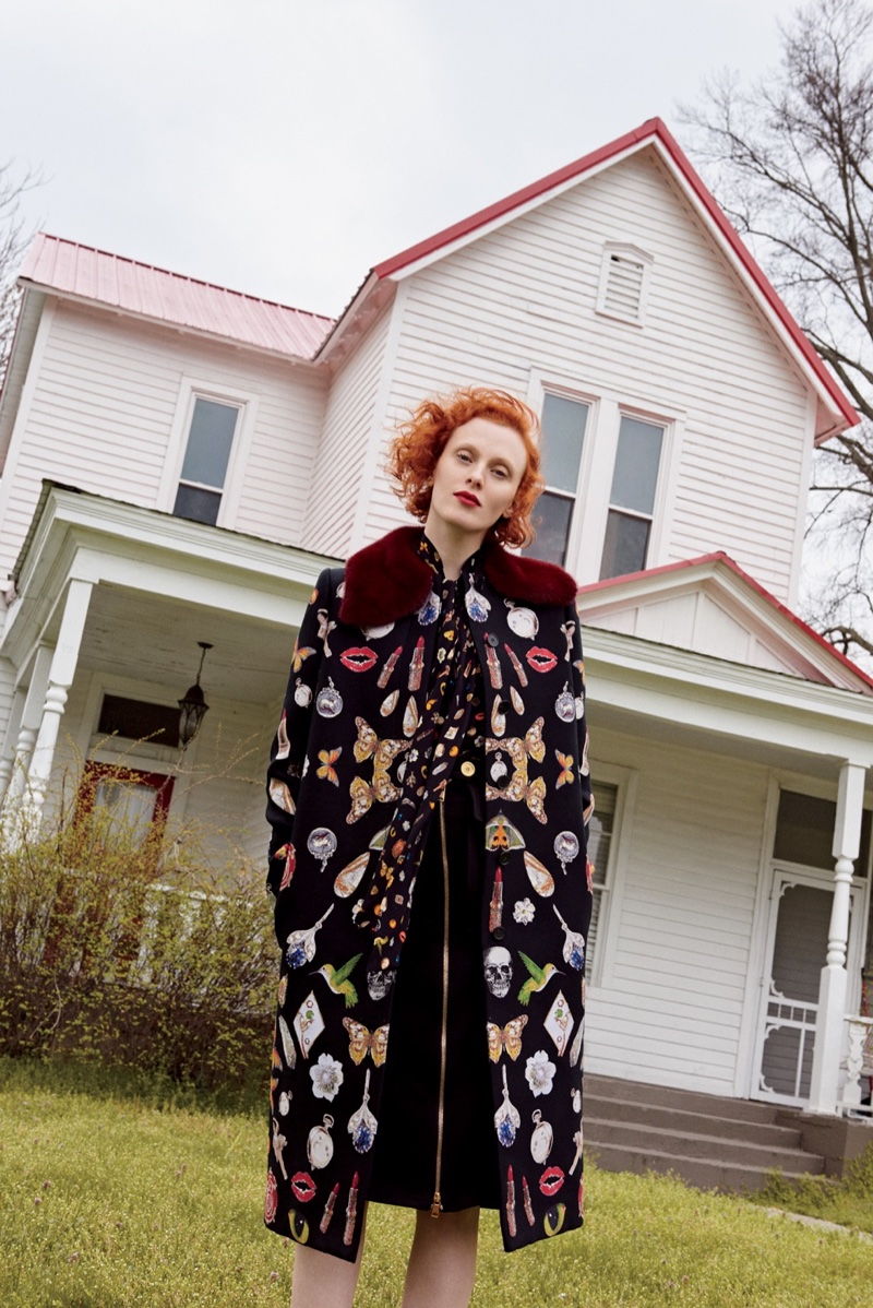 Karen Elson poses in Alexander McQueen embroidered coat