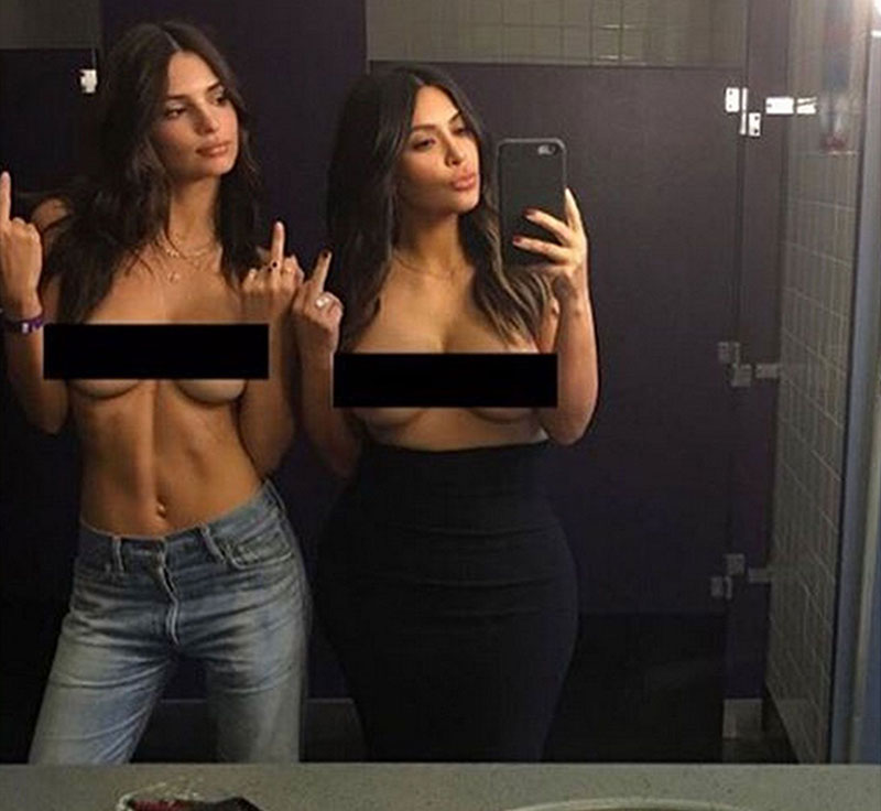 Emily Ratajkowski and Kim Kardashian posed for a topless selfie earlier this year.