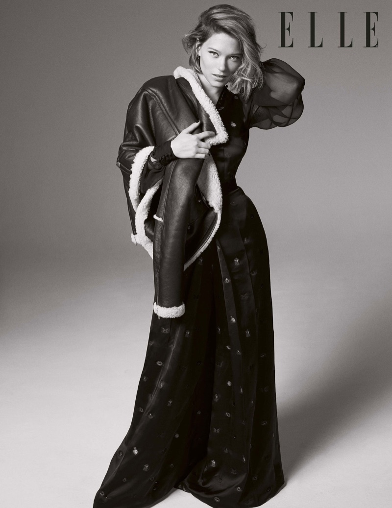 Lea Seydoux models leather jacket and long-sleeve gown