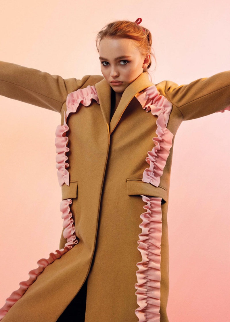 Lily-Rose Depp wears MSGM coat with pink ruffles