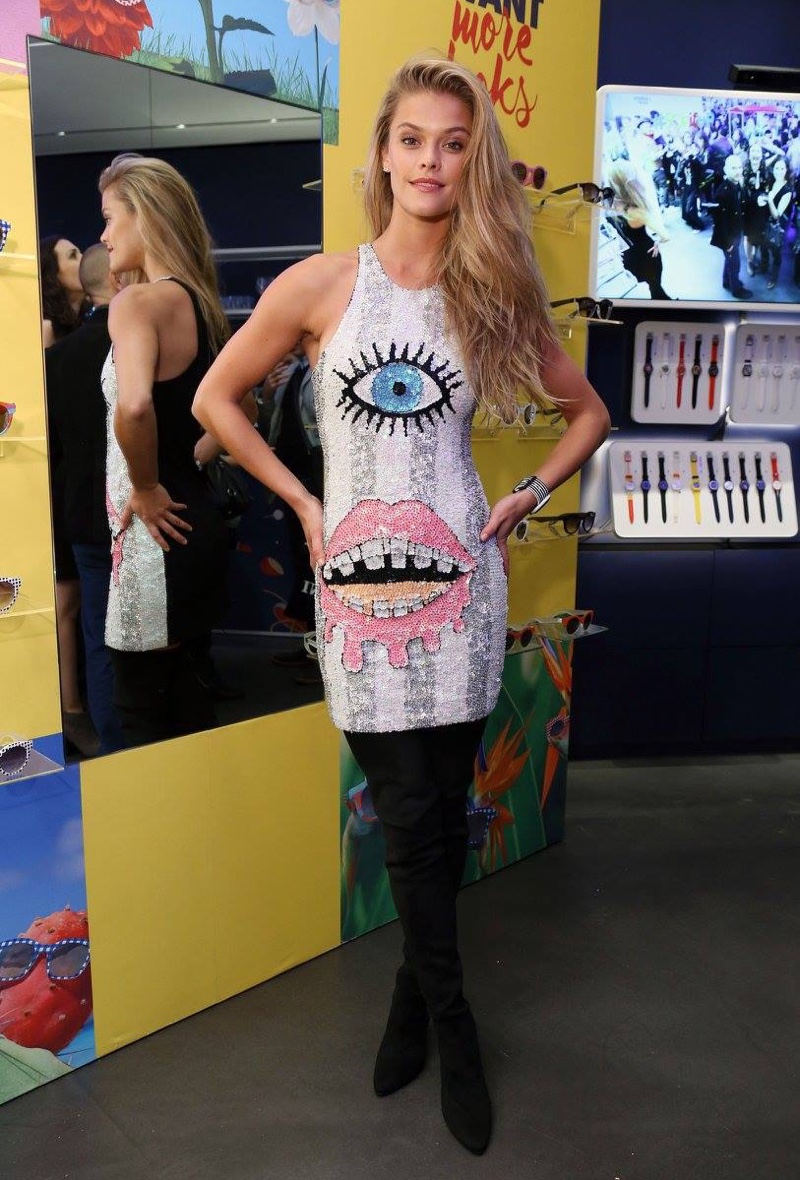 MAY 2016: Nina Agdal attends Swatch's A Night of POP! event wearing sequin embellished dress. Photo: Sara Jaye Weiss/StartraksPhoto.com