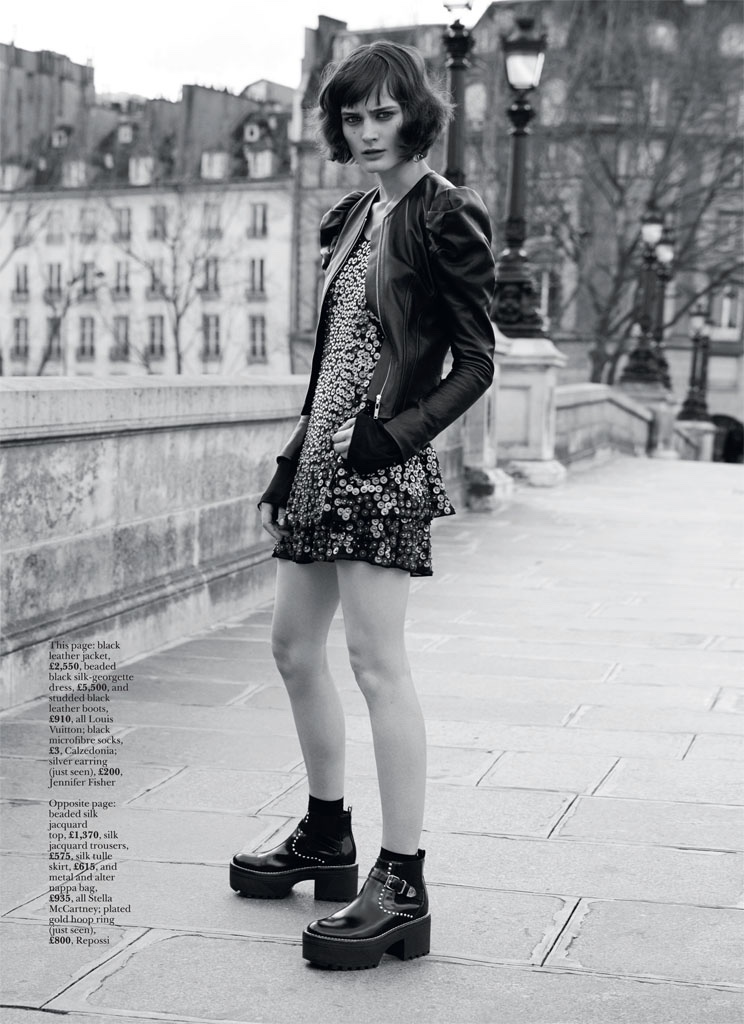 Photographed in black and white, Sibui looks rocker cool in leather jacket, silk-georgette embellished dress and studded boots from Louis Vuitton
