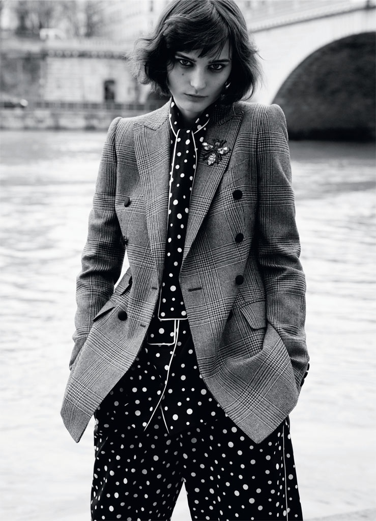 Sibui models Dolce & Gabbana pajama style top and pants with black and white wool jacket