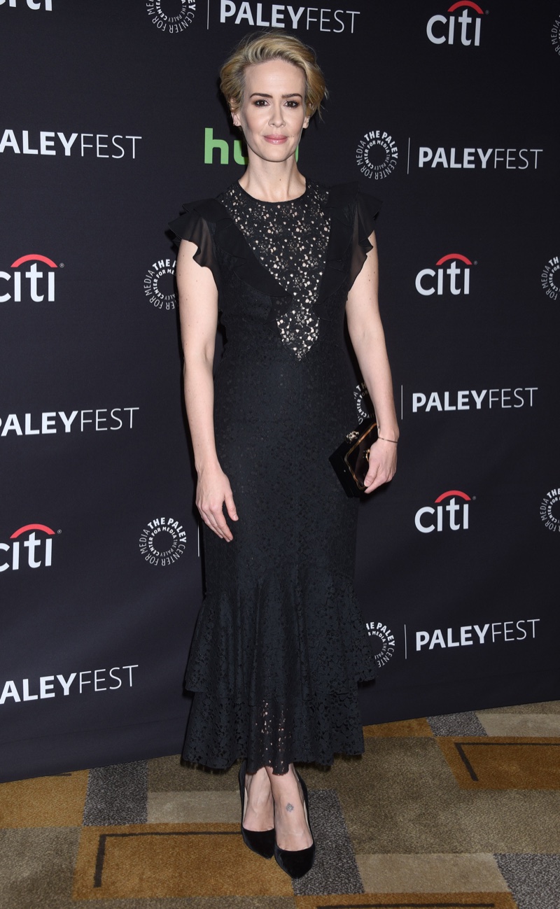 MARCH 2016: Sarah Paulson attends a 2016 Paleyfest Panel for American Horror Story Hotel wearing a black Philosophy dress. Photo: Ga Fullner / Shutterstock.com