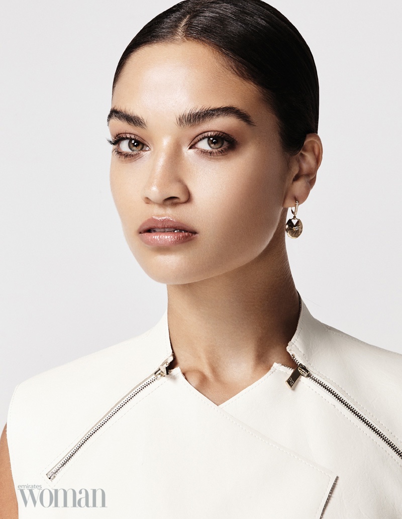 Shanina Shaik wears a slicked back updo for the fashion feature
