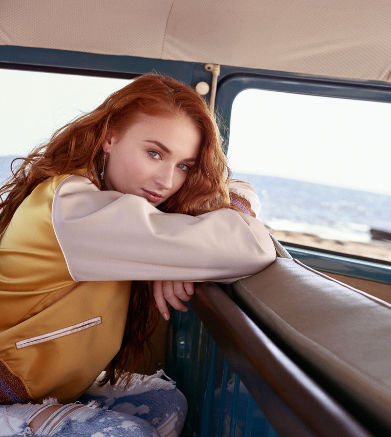 Sophie Turner poses in ASOS cropped bomber jacket