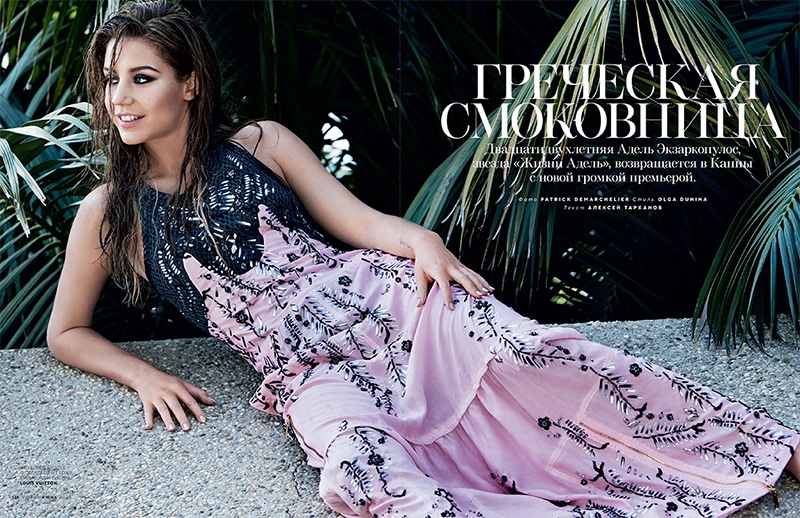 Photographed by Patrick Demarchelier, Adèle Exarchopoulos wears pink Louis Vuitton dress with metal embroidery
