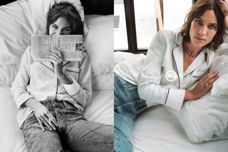 Alexa Chung poses in bed for AG Jeans' fall 2016 campaign