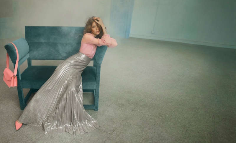 Blumarine fall 2016 campaign: Julia Hafstrom wears pink blouse with silver pleated maxi skirt