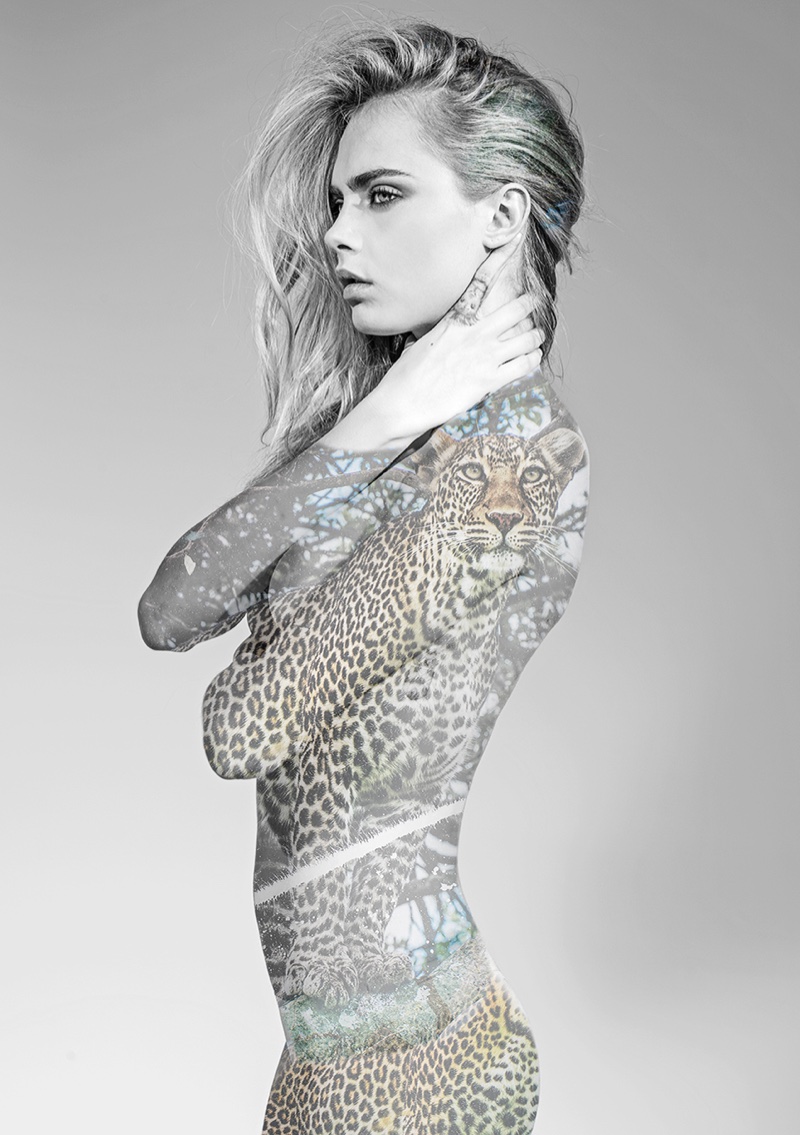 Cara Delevingne wears a leopard projection for I'm Not a Trophy campaign