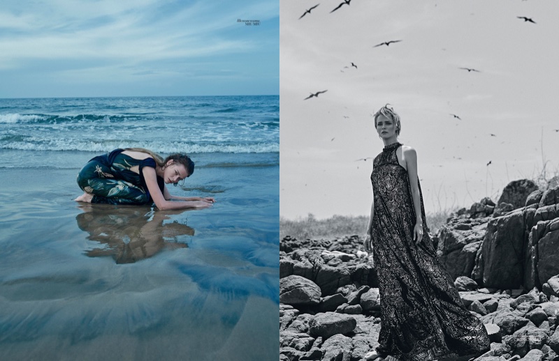 Posing on the beach, Carmen Kass wears Miu Miu dress (left) and Just Cavalli maxi dress (right)