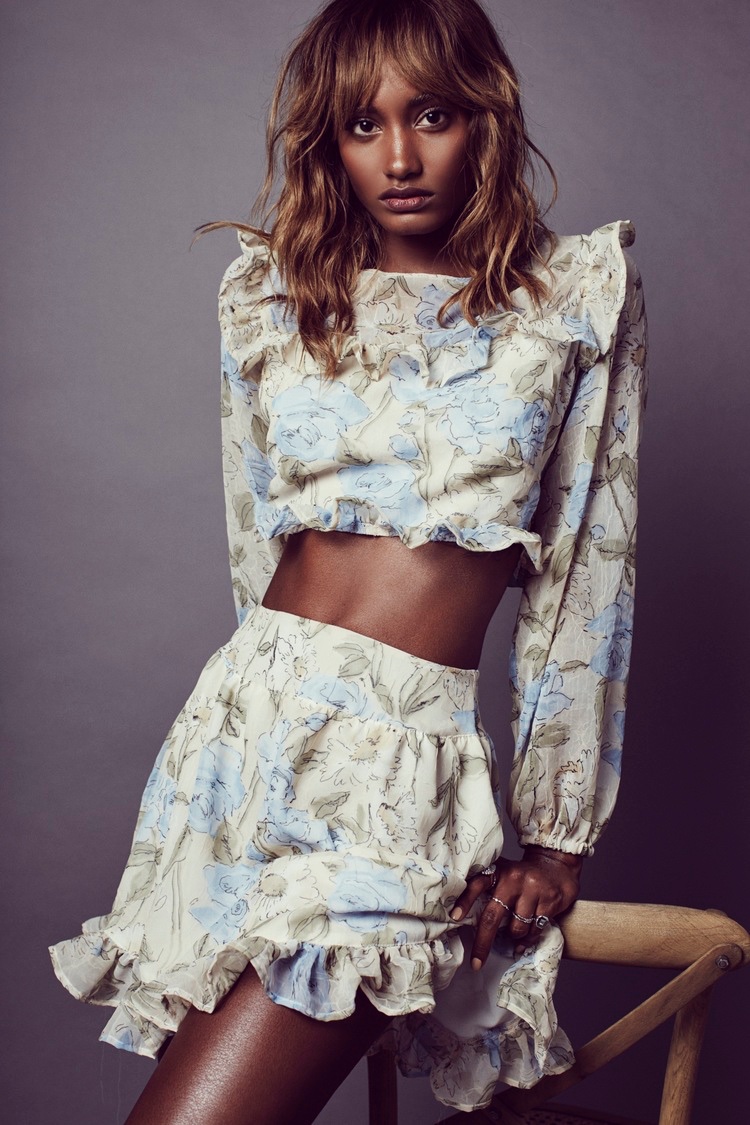 For Love & Lemons embraces prints with the Cadence crop top and mini skirt