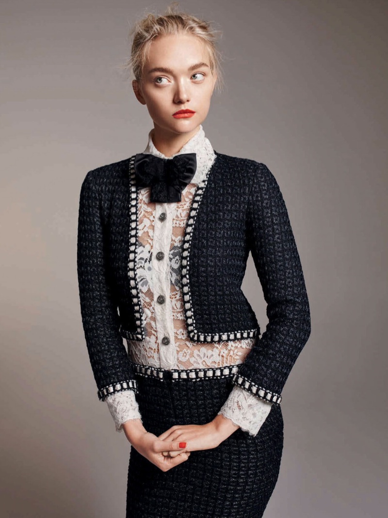 Gemma Ward models Chanel jacket, top and skirt