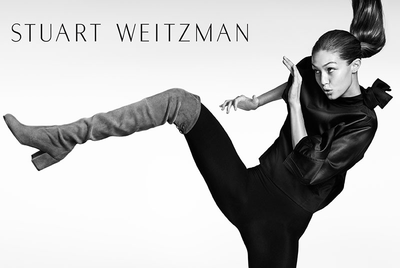 Gigi Hadid wears knee-high boots in Stuart Weitzman's fall 2016 campaign