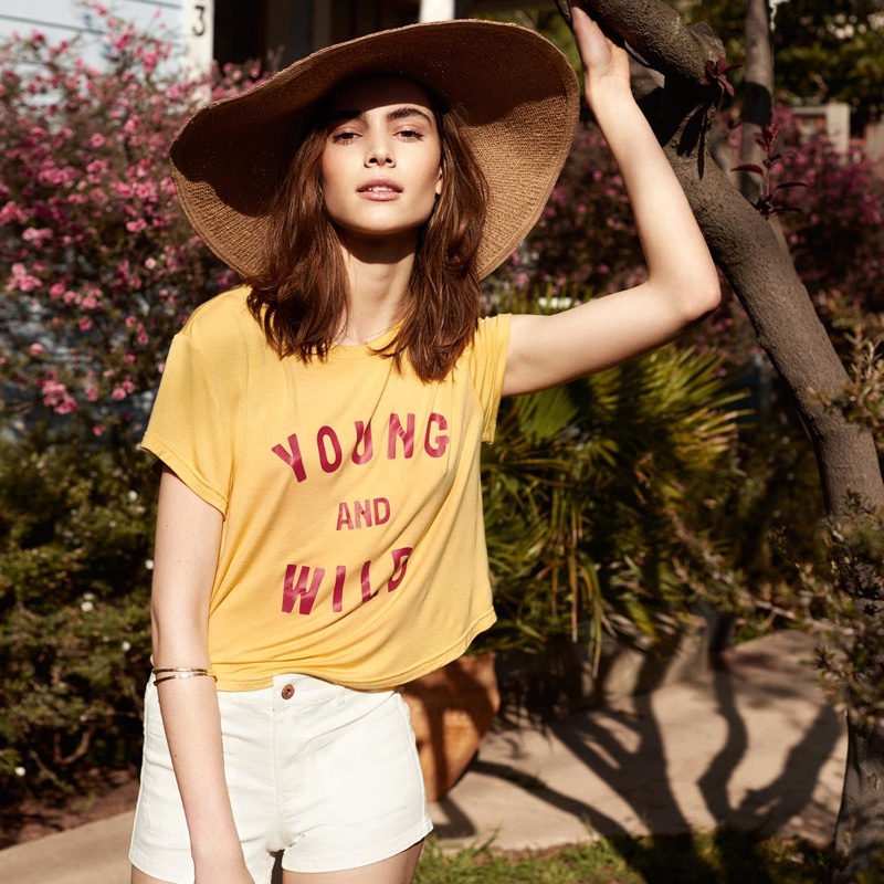 H&M Straw Hat, T-Shirt with Printed Designs and Denim Shorts