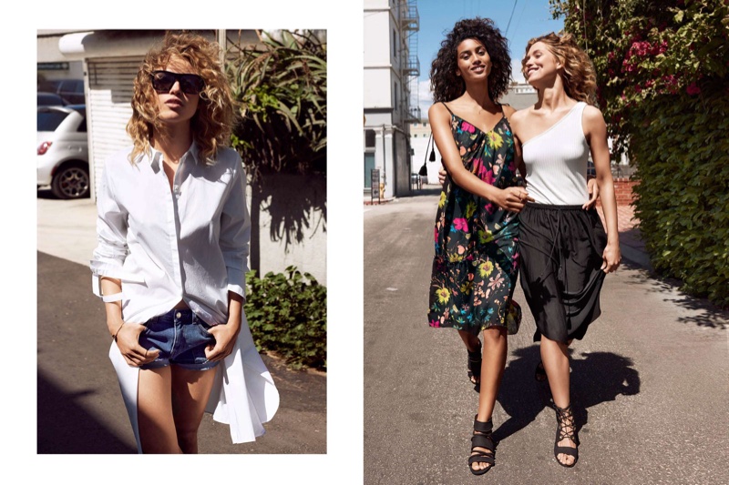 (Left) H&M White Shirt, Denim Shorts and Sunglasses (Middle) H&M Conscious Ruffled Dress and Heeled Sandals (Right) H&M One-Shoulder Top, Drawstring Skirt and Sandals with Lacing