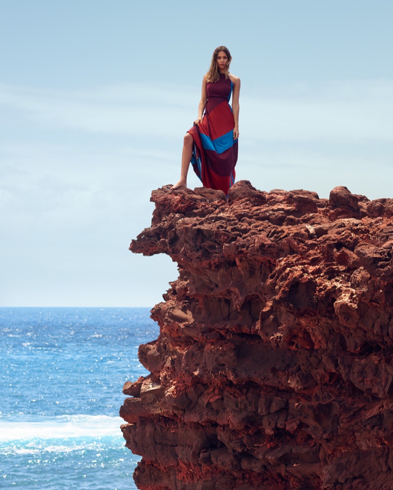 Jessica Alba models a multi-color maxi dress