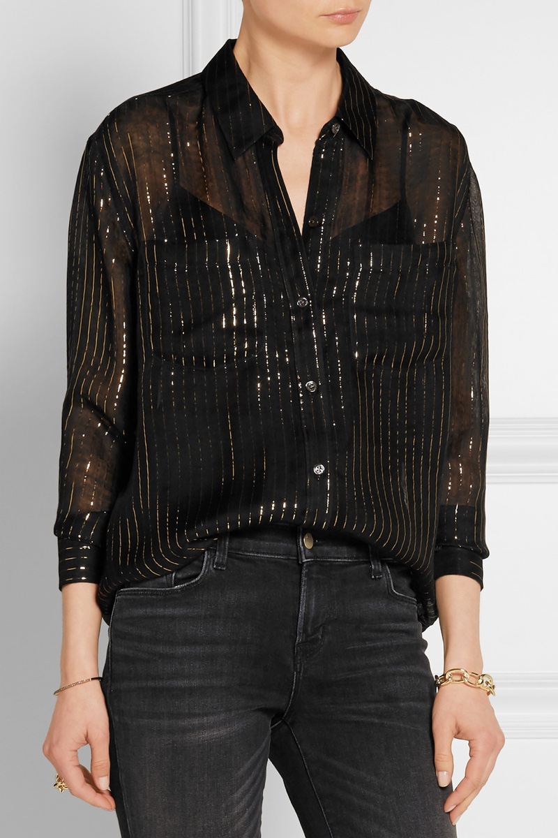 Kate Moss for Equipment Daddy Metallic Striped Silk Chiffon Shirt