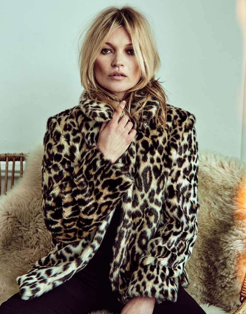 Kate Moss bundles up in leopard print coat from Stella McCartney with Kate Moss for Equipment pants