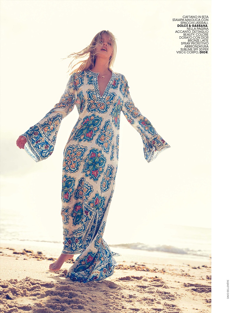 Walking the beach, Marloes Horst wears Dolce & Gabbana printed kaftan
