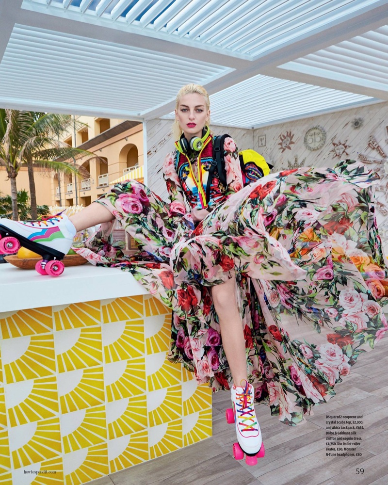 Rose Smith poses in Dolce & Gabbana floral print dress and Dsquared2 neoprene top