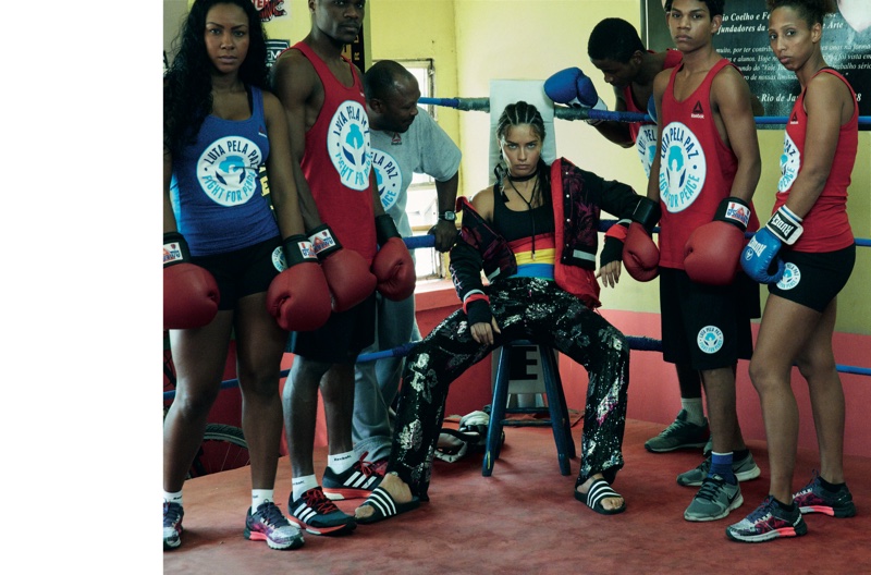 Adriana Lima poses in a Rio de Janeiro gym for Vogue Brazil