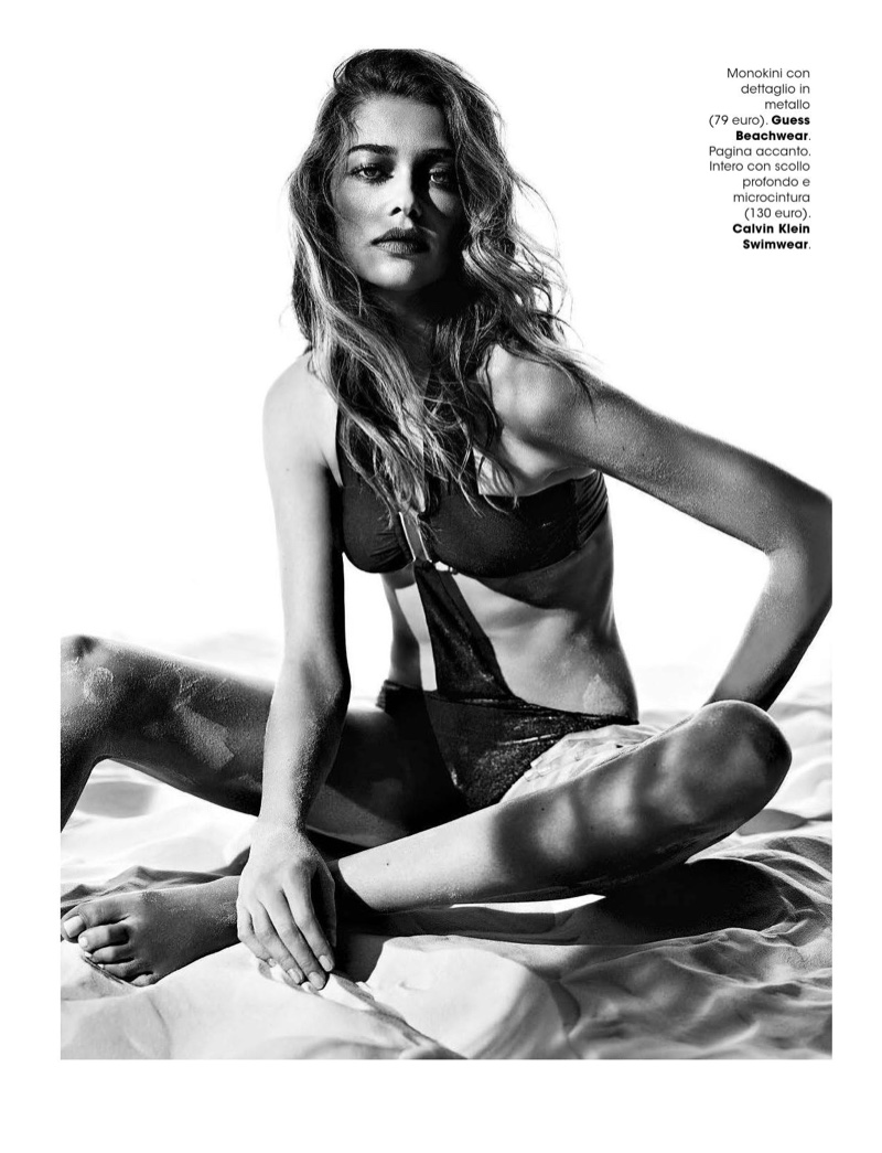 Photographed in black and white, Ana Beatriz Barros wears Guess monkini
