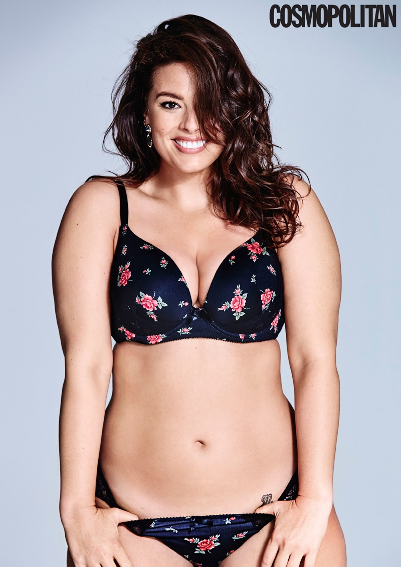 Ashley Graham wears floral printed lingerie for Cosmopolitan