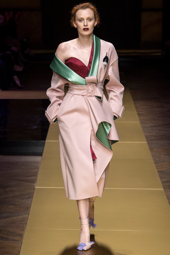 Atelier Versace Fall 2016: Karen Elson wears belted coat with one-shoulder dress