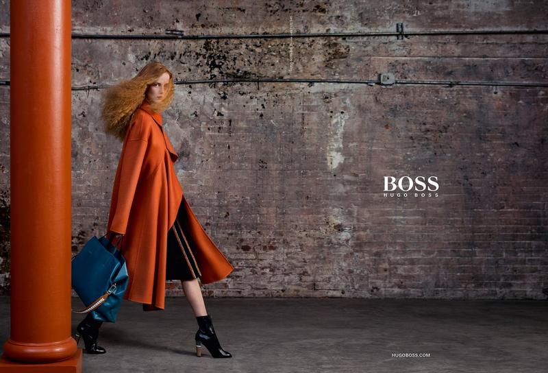 Rianne van Rompaey stuns in an orange coat for BOSS Hugo Boss' fall-winter 2016 campaign.