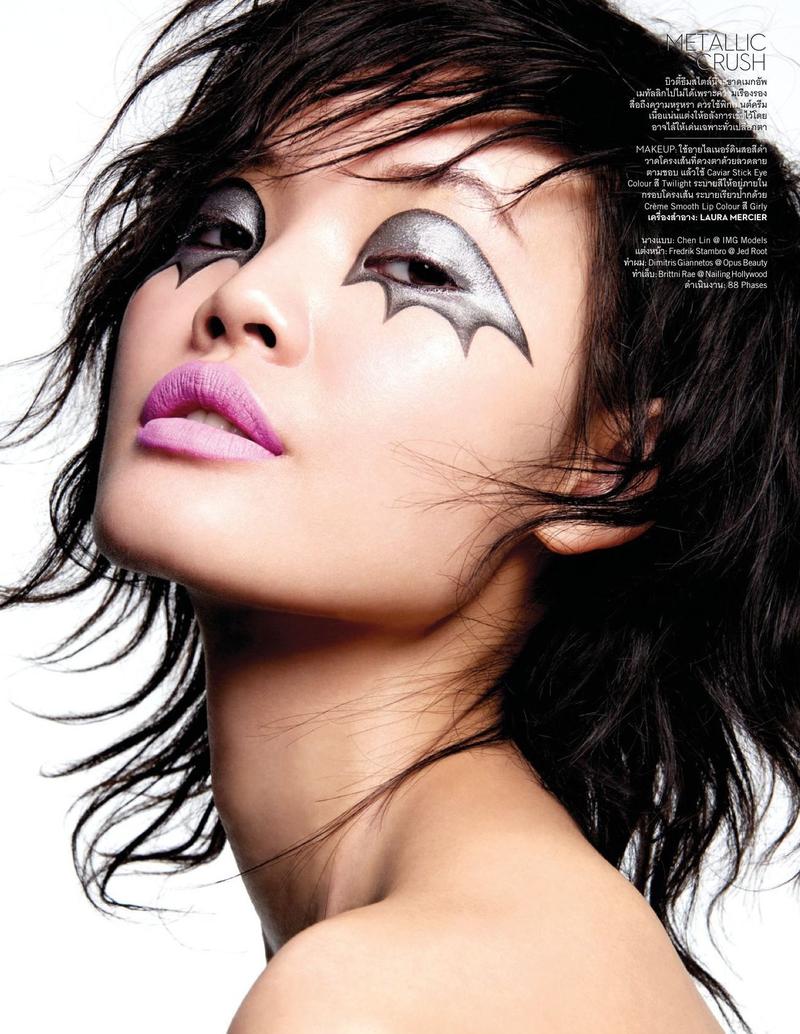 Chen Lin models metallic eyeshadow look with pink lipstick