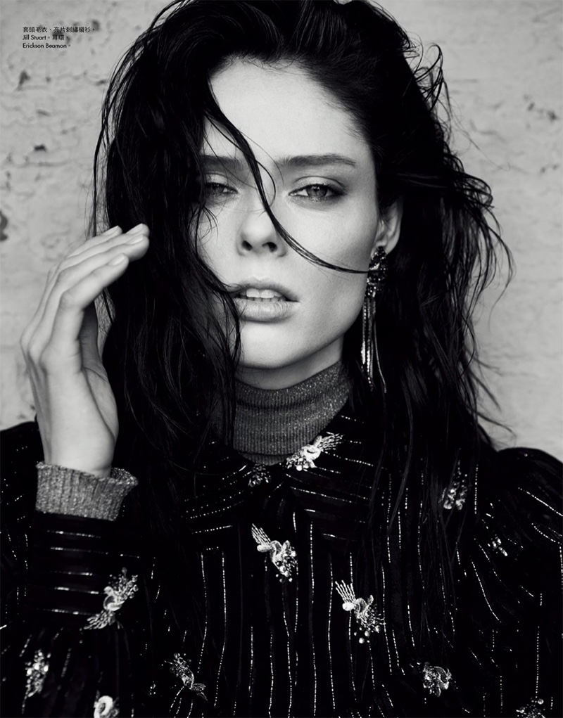 Coco Rocha gets her closeup in Jill Stuart blouse and sweater