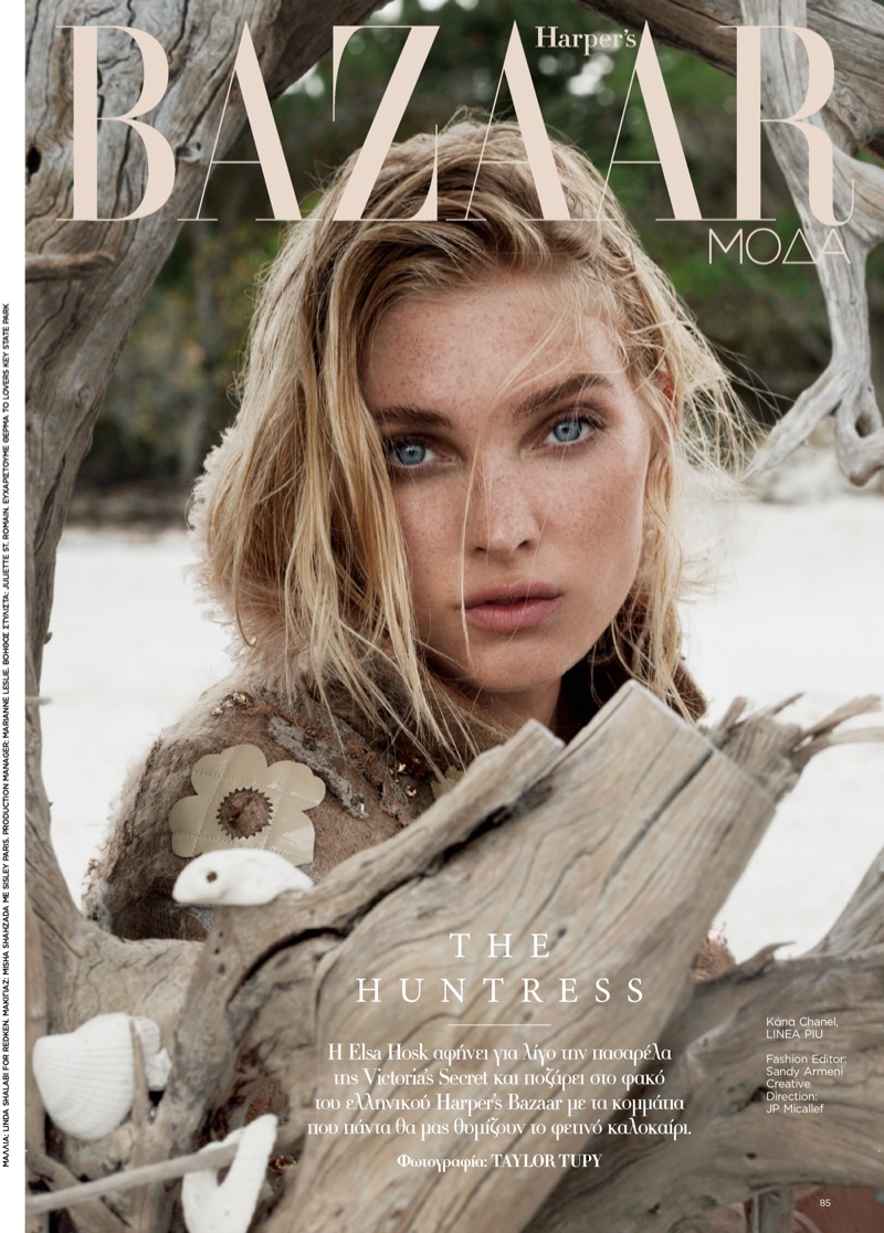 Elsa Hosk poses in beach fashions for the editorial