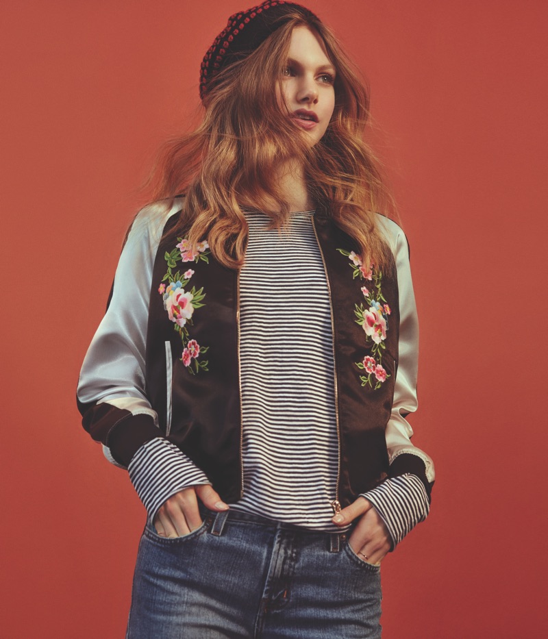 Model wears embroidered bomber jacket in Forever 21's pre-fall 2016 campaign