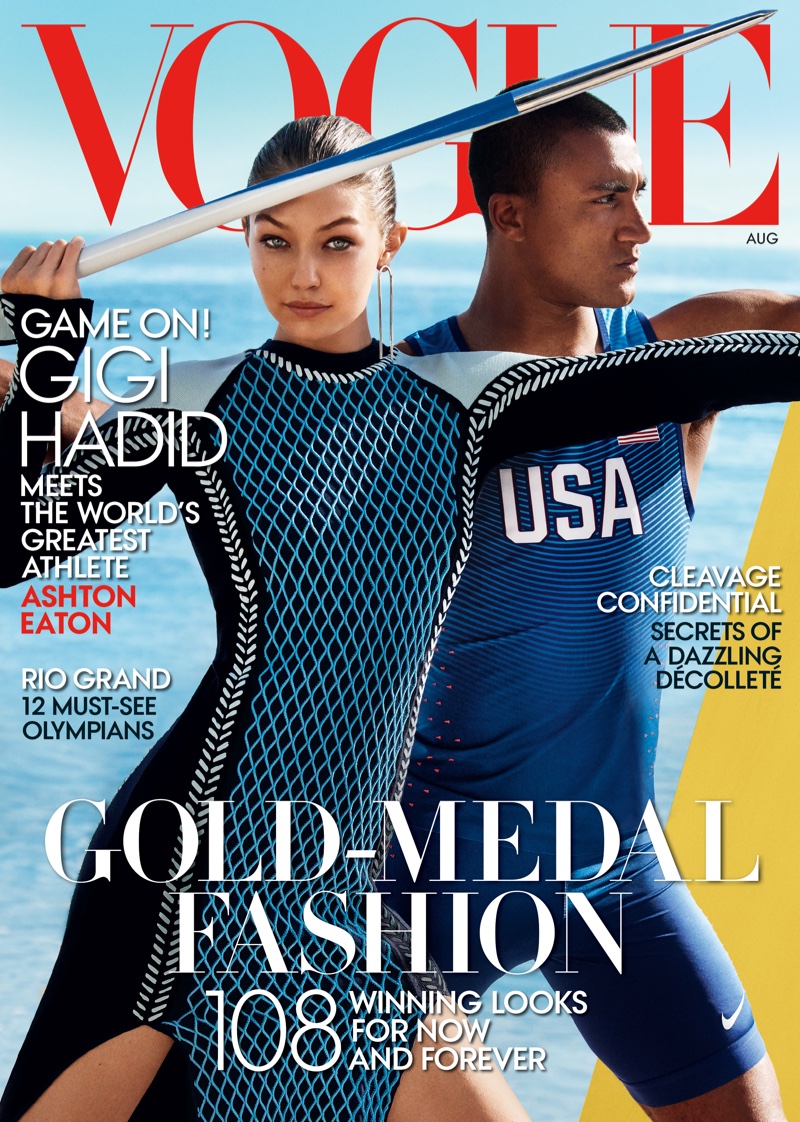 Gigi Hadid on Vogue US August 2016 Cover with Ashton Eaton. Photo: Mario Testino