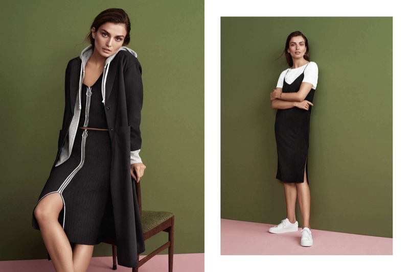 (Left) H&M Creped Coat, Hooded Jacket, Ribbed Top and Pencil Skirt with Zip (Right) H&M Cotton T-Shirt, Slip Dress and Sneakers